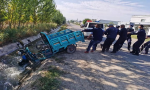 老人驾驶电动三轮侧翻  移民管理警察伸手救援