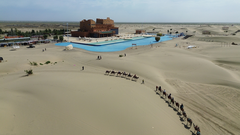 7月4日，游客在沙漠之门景区体验沙漠骆驼航拍图。张凯 摄.jpg